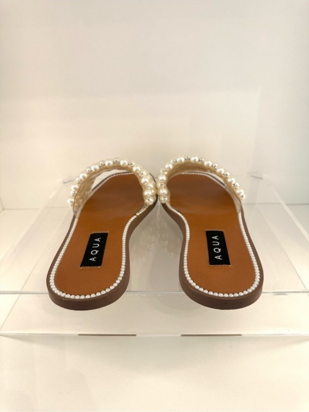 AQUA Pearl-Embellished Tan Slide Sandals - Picture 6 of 6